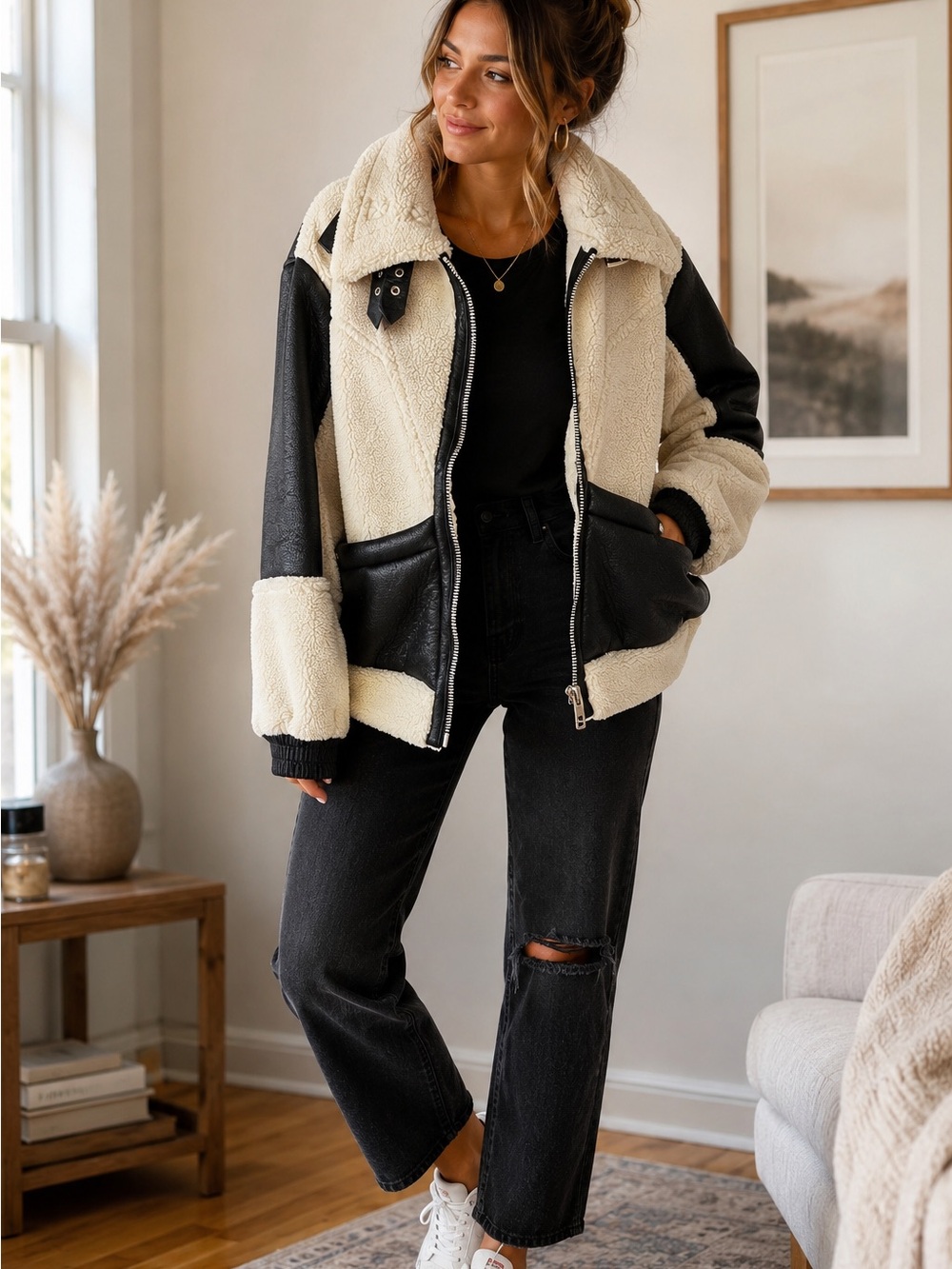 Blank NYC Cream & Black Teddy Aviator Jacket - Picture 12 of 12